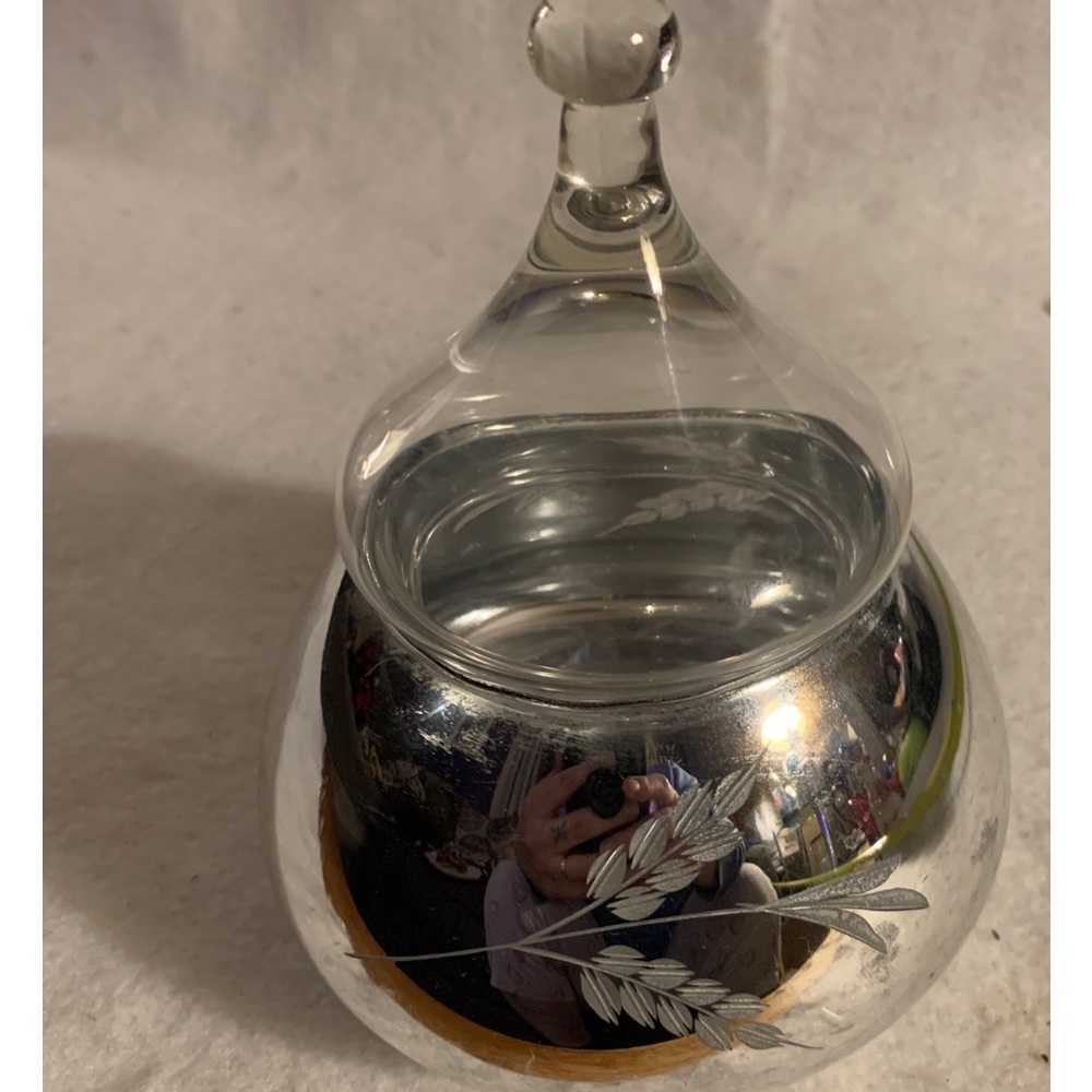 Candlelite Crystal Mueller Etched Glass Silver Jar Hand Blown 5-1/4"t Vintage